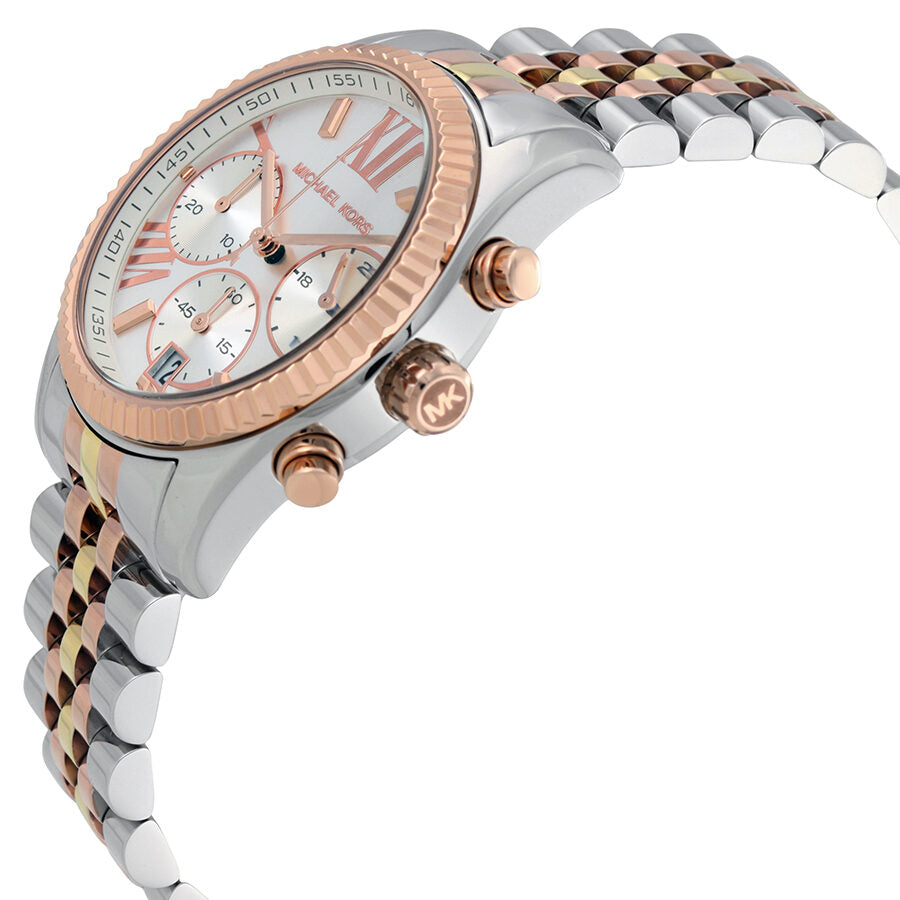 Side angle of Lexington women's chronograph with rose gold bezel and tri-tone bracelet