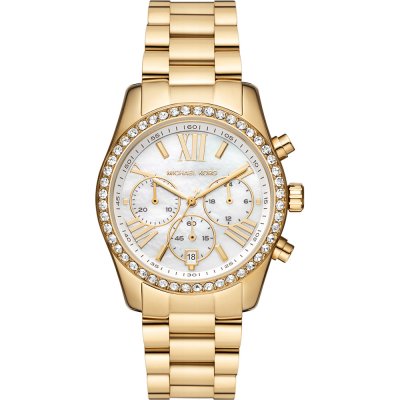 Michael Kors Lexington MK7241 gold chronograph watch with crystal bezel and white dial