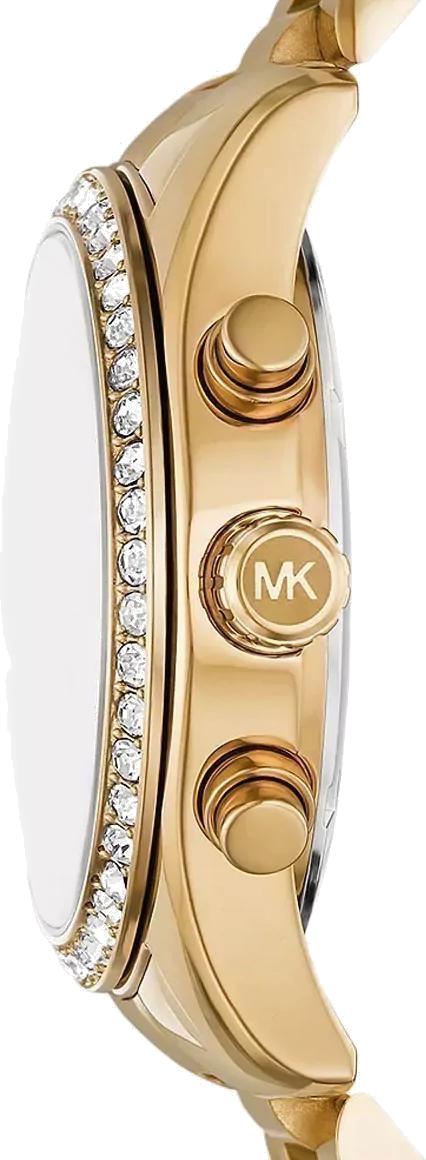 Side angle view of Michael Kors Lexington Lux gold-tone watch showing case profile and crystal bezel detail