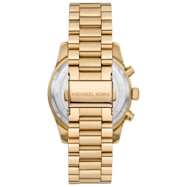 Case back view of Michael Kors Lexington Lux showing gold-tone stainless steel bracelet and engraved caseback