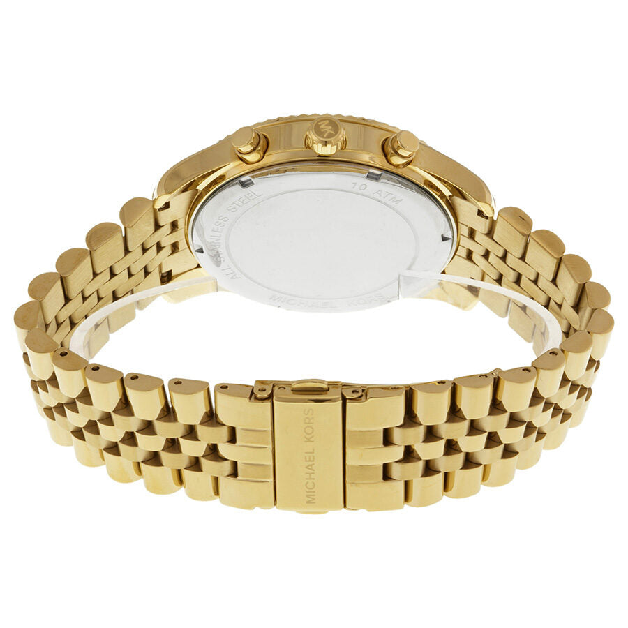 Michael Kors Lexington watch caseback showing gold-tone bracelet and deployment clasp