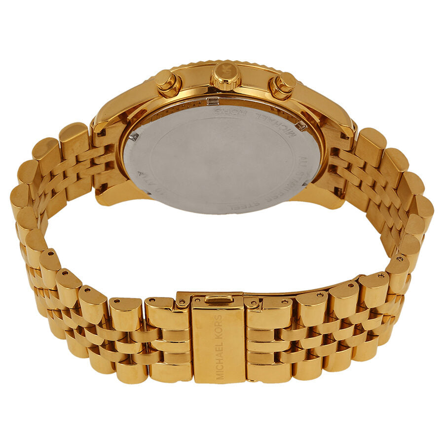 Michael Kors Lexington watch case back view showing gold-tone stainless steel bracelet and closure