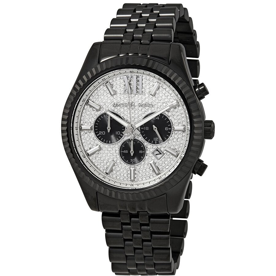Michael Kors Lexington chronograph men's watch with silver pave dial and black chronograph subdials
