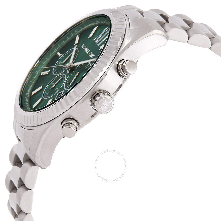 Michael Kors Lexington Chronograph watch side view showing green dial and silver-tone bracelet detail