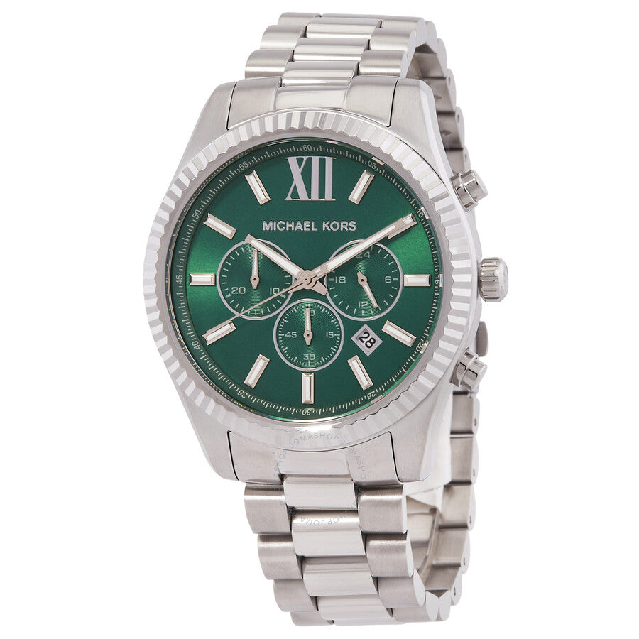 Michael Kors Lexington Chronograph green dial men's watch with silver-tone stainless steel case and bracelet