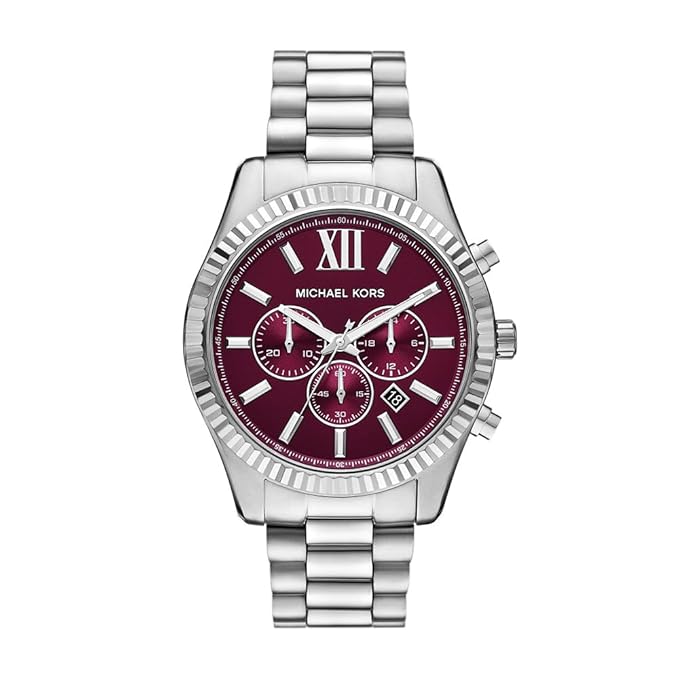Michael Kors Lexington silver stainless steel watch with burgundy chronograph dial