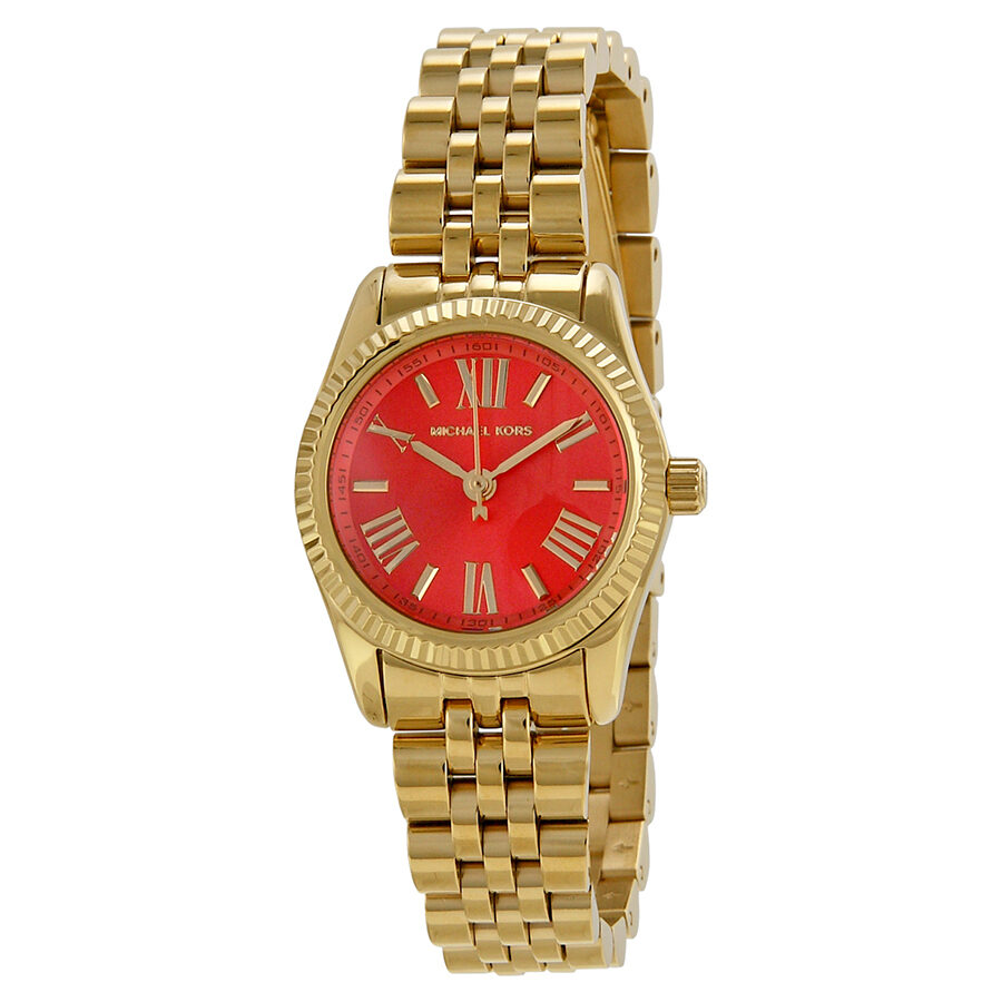 Michael Kors Lexington Petite gold-tone watch with red-orange dial and Roman numeral markers