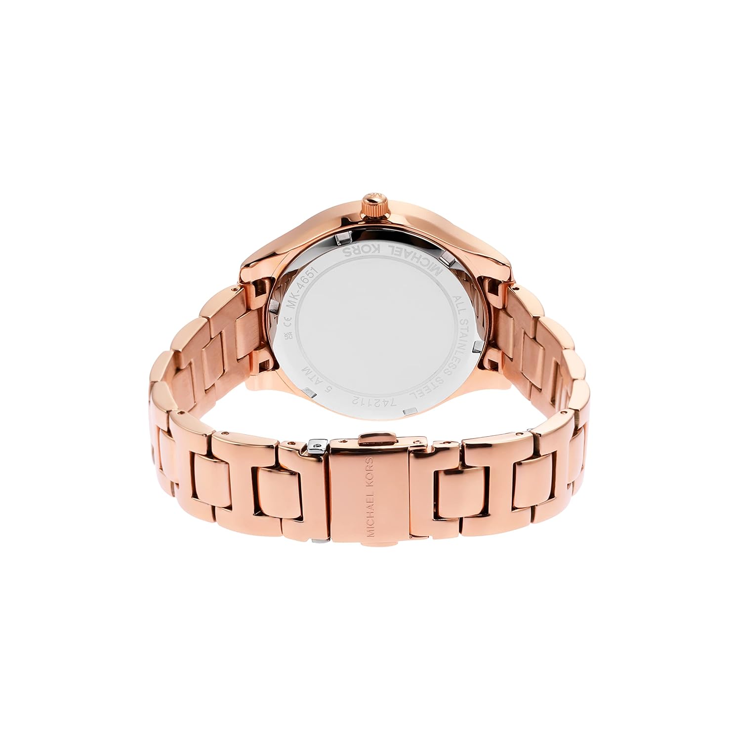 Michael Kors Liliane rose gold watch caseback and bracelet strap detail