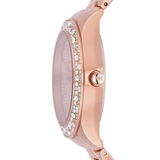 Michael Kors Liliane rose gold watch side view showing case profile and crystal bezel