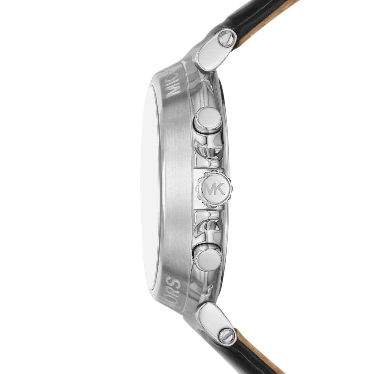 Side view of Michael Kors Maren watch showing chronograph pushers and silver-tone case profile