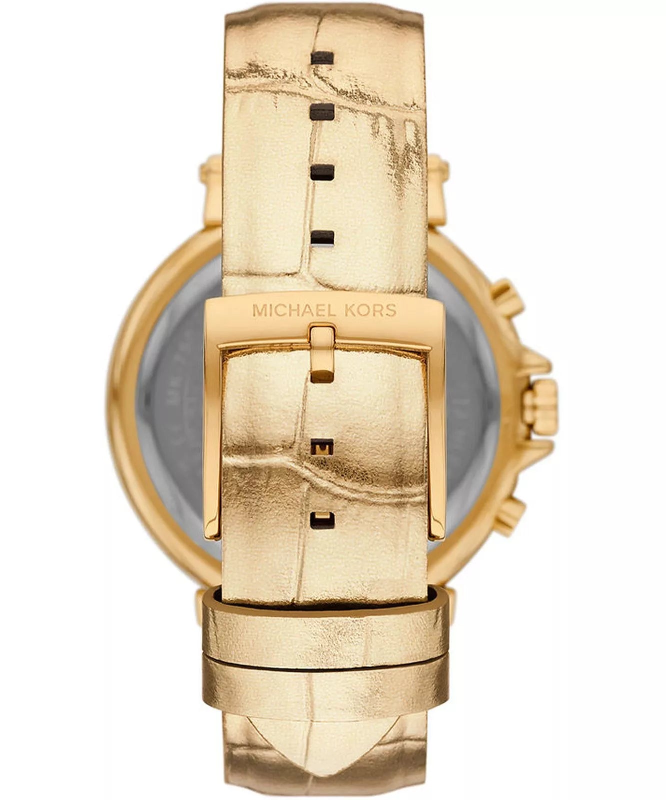 Michael Kors Maren watch caseback with gold tone case and leather strap