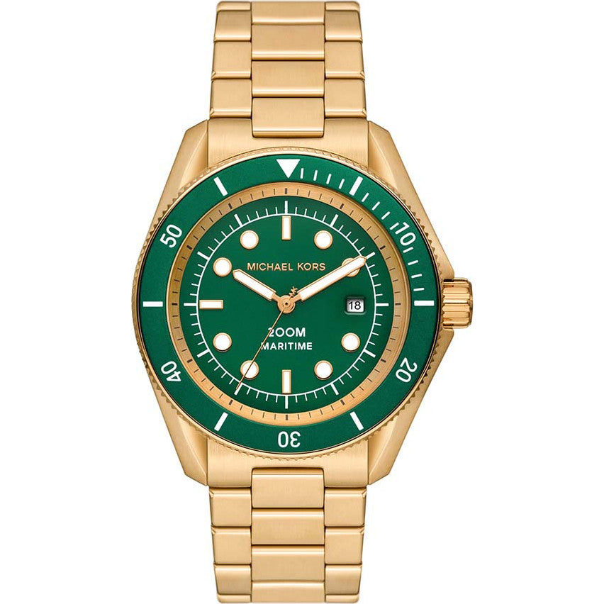 Michael Kors Maritime MK9162 gold-tone watch with green dial and bezel