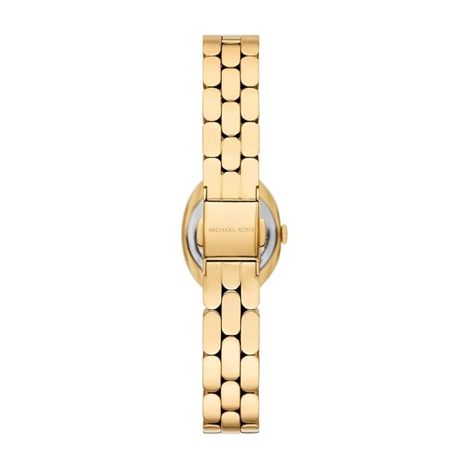 Michael Kors Maude MK4955 watch caseback showing gold bracelet and oval case
