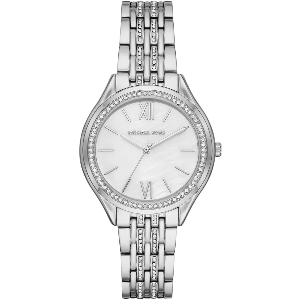 Michael Kors Mindy MK7075 women's watch white dial, crystal-set bezel, silver metal strap