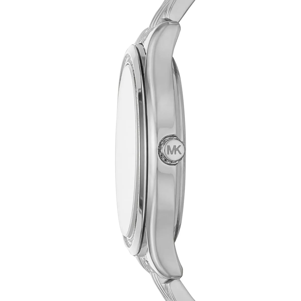 Michael Kors Mindy watch side profile showing case depth and MK logo on case