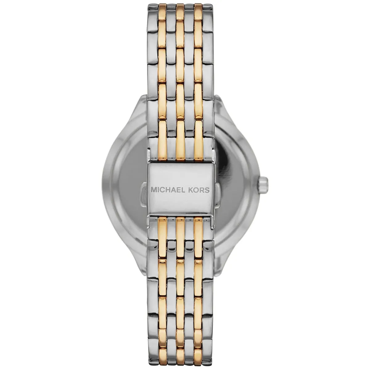 Caseback view of Michael Kors Mindy MK7084 with MK logo and two-tone bracelet