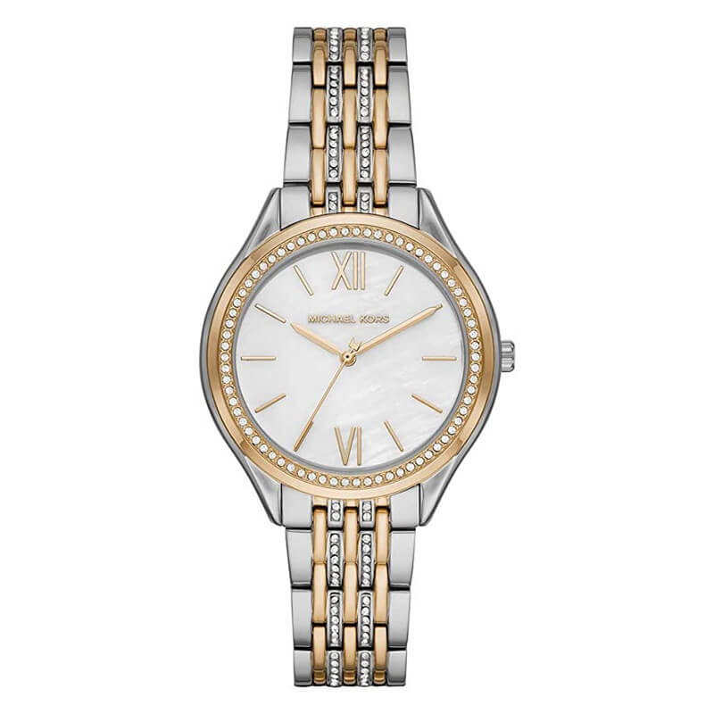 Michael Kors Mindy MK7084 watch with white mother of pearl dial and crystal bezel