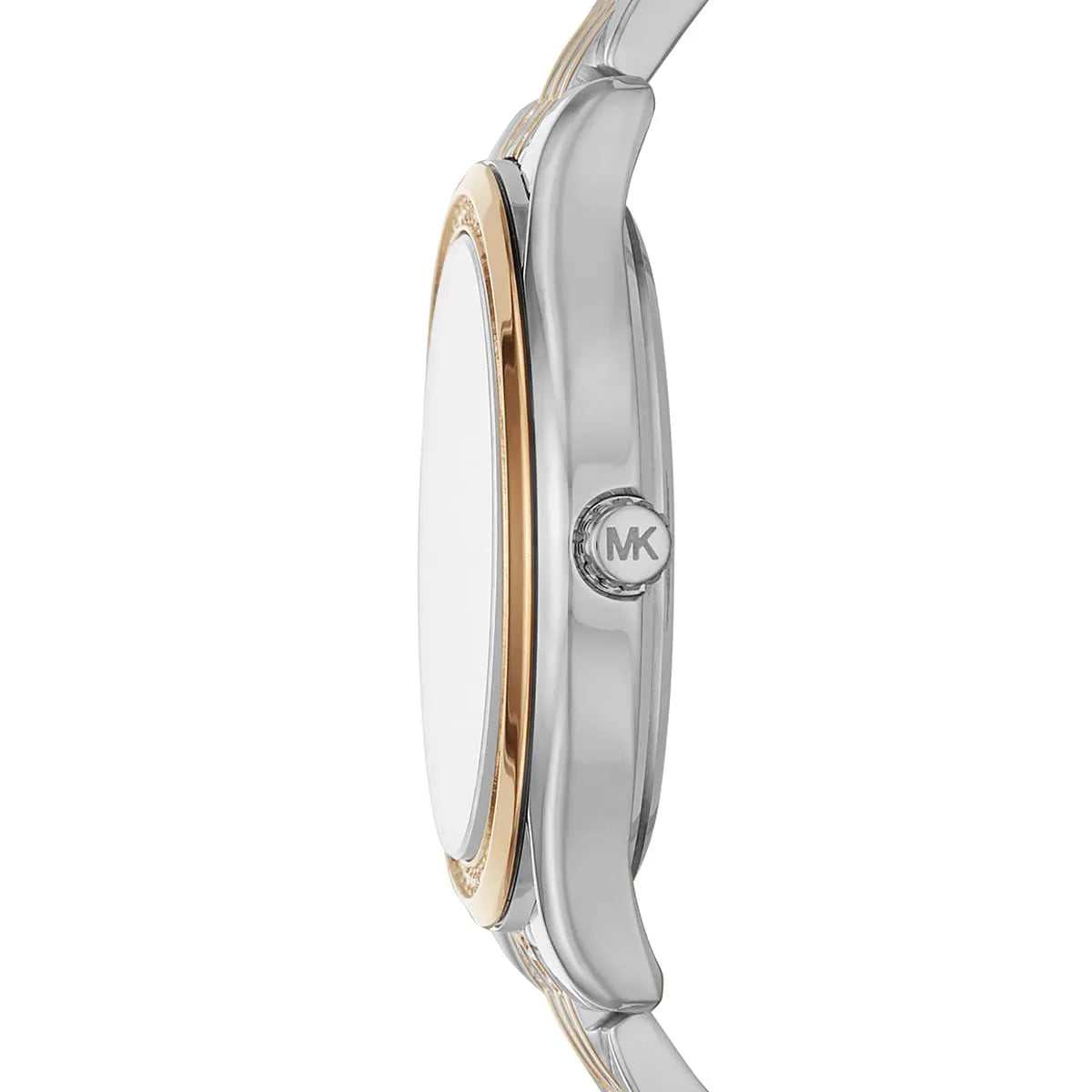 Side view of Michael Kors Mindy MK7084 showing case depth and gold accents