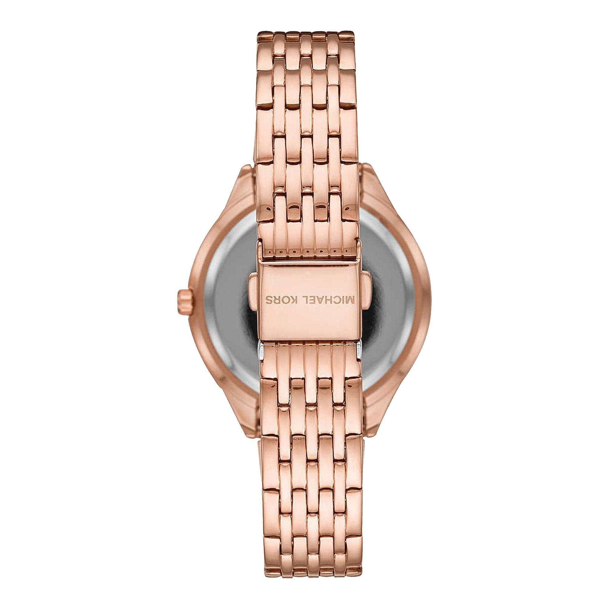 Michael Kors Mindy watch caseback showing rose gold bracelet and MK logo engraving
