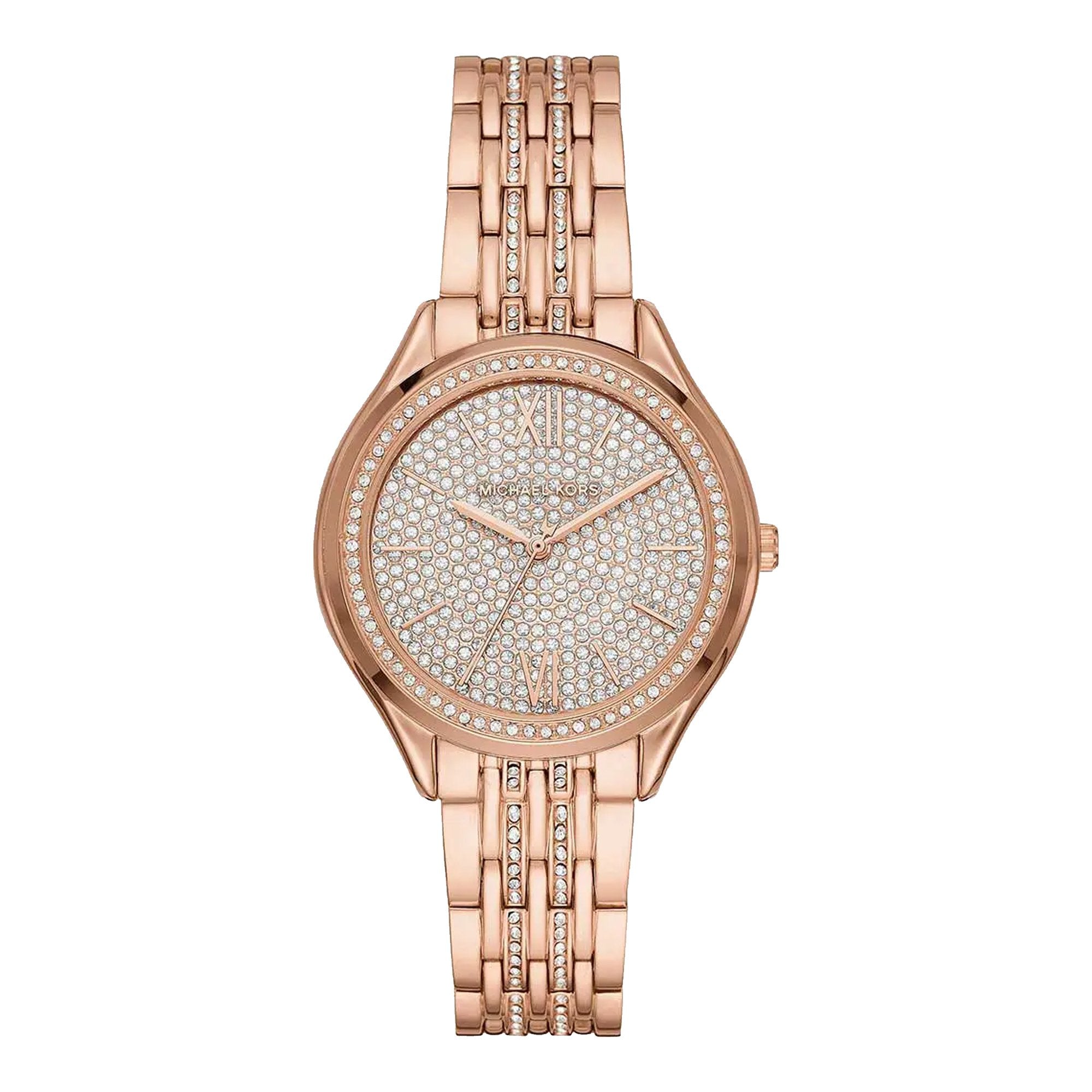 Michael Kors Mindy rose gold women's watch with crystal-paved dial and matching bracelet