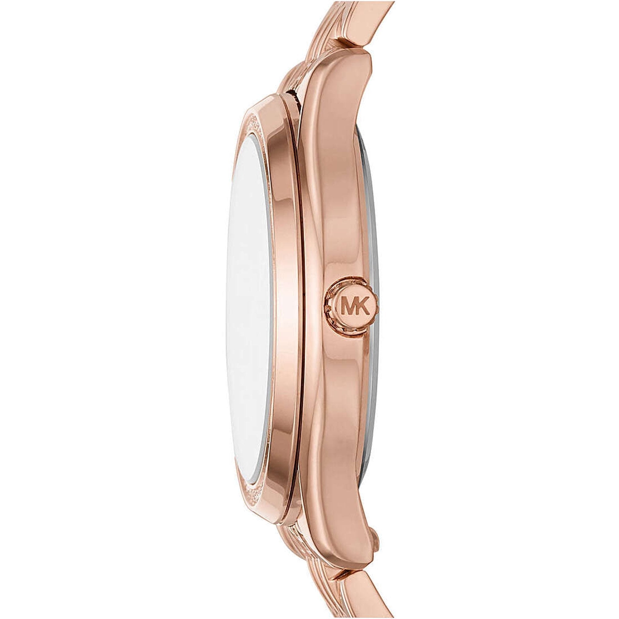 Michael Kors Mindy watch side profile showing rose gold case and crystal-adorned bezel