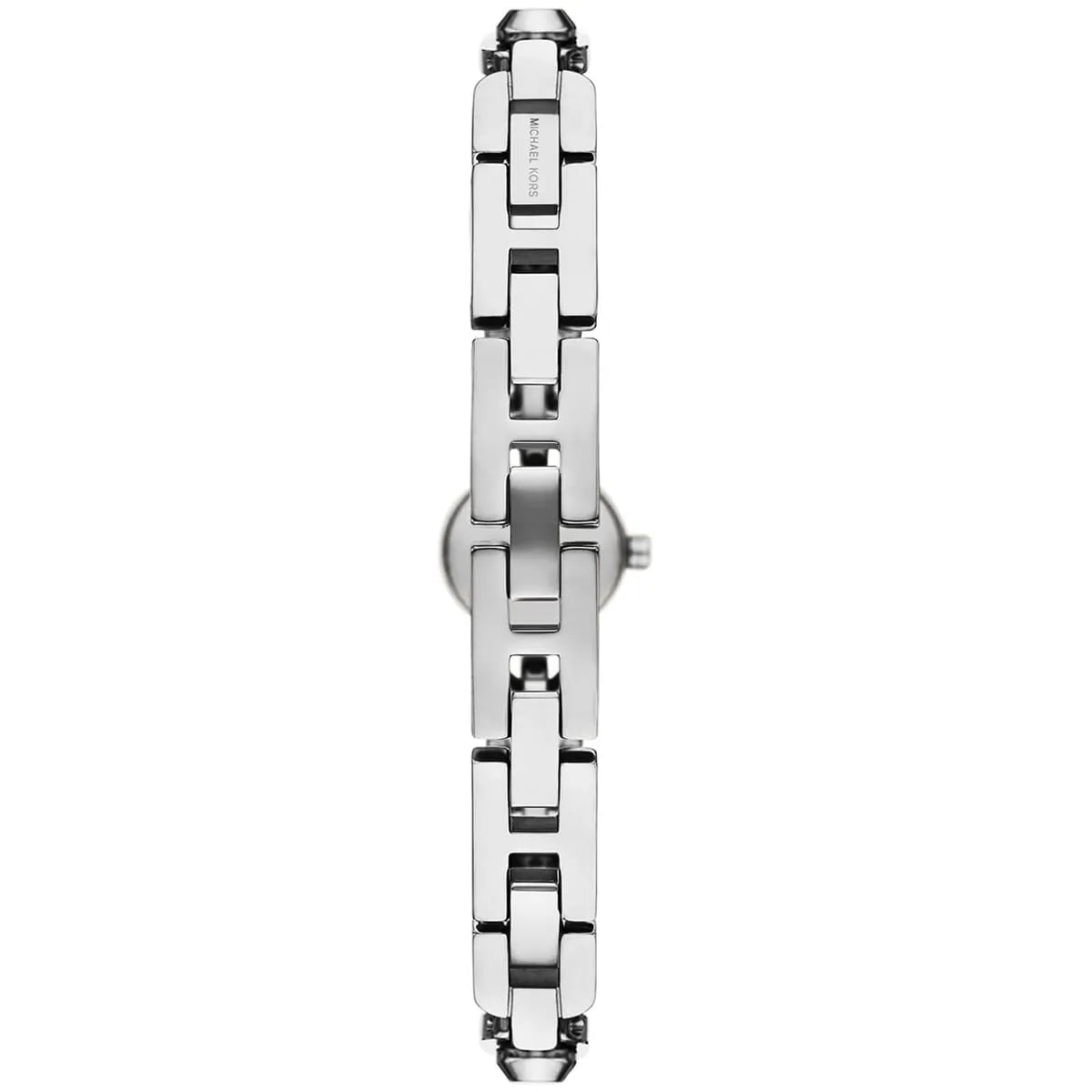 Silver-tone linked bracelet watch shown from the side with stainless steel links