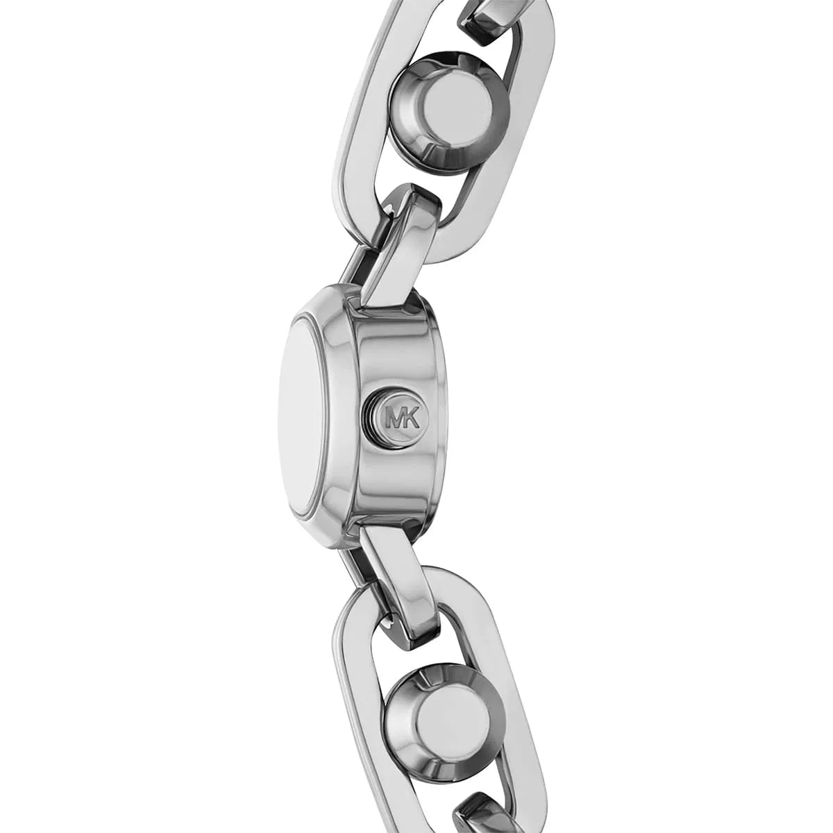 Silver-tone stainless steel linked bracelet strap detail with MK logo on case