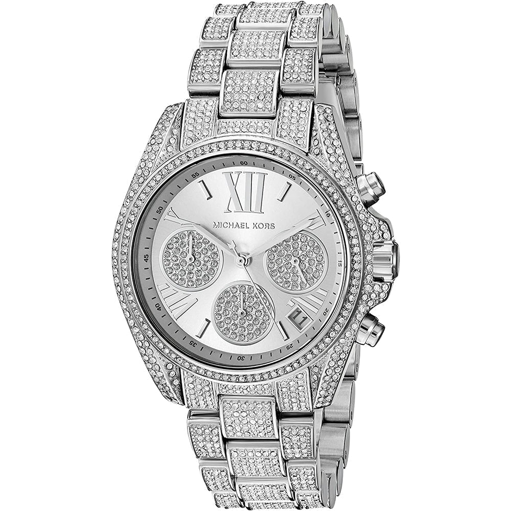 Michael Kors Mini Bradshaw all silver women's watch with crystal-embellished case and bracelet