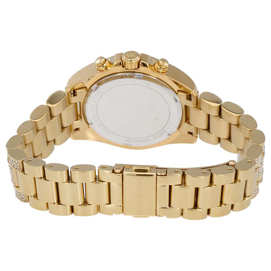 Michael Kors Mini Bradshaw watch back case showing gold-tone stainless steel bracelet