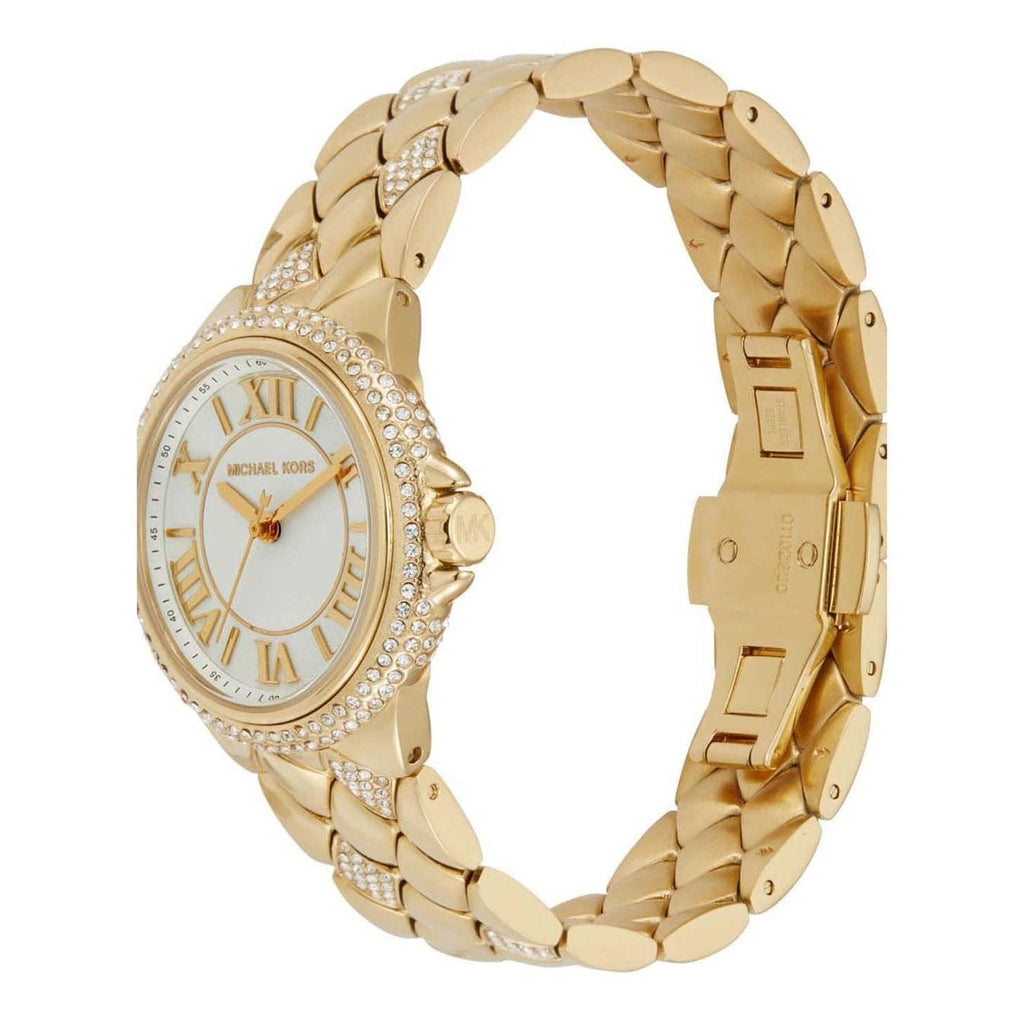 Michael Kors Mini Camille MK4801 three-quarter view showing quilted gold-tone bracelet and pavé crystal details