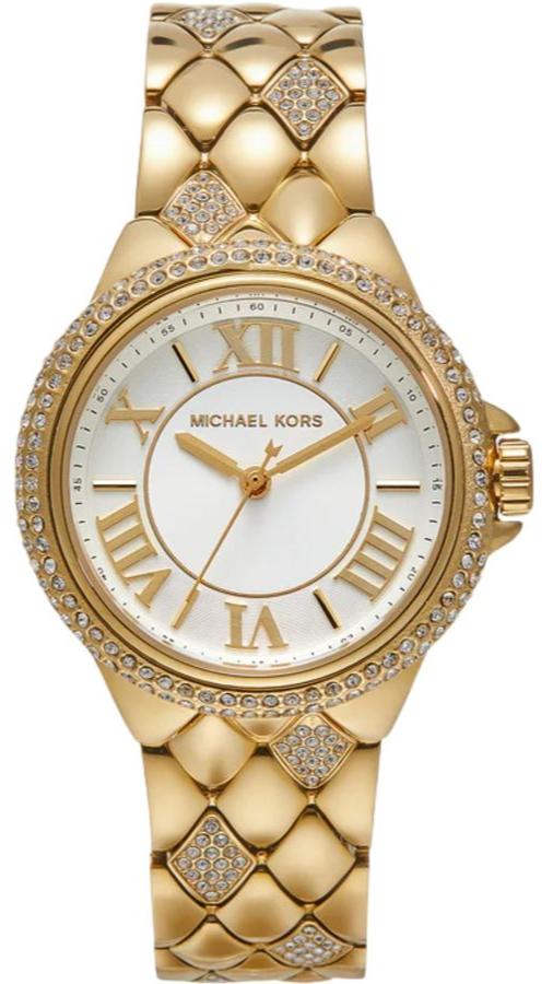 Michael Kors Mini Camille MK4801 gold-tone women's watch with white dial, pavé crystal bezel, and quilted bracelet