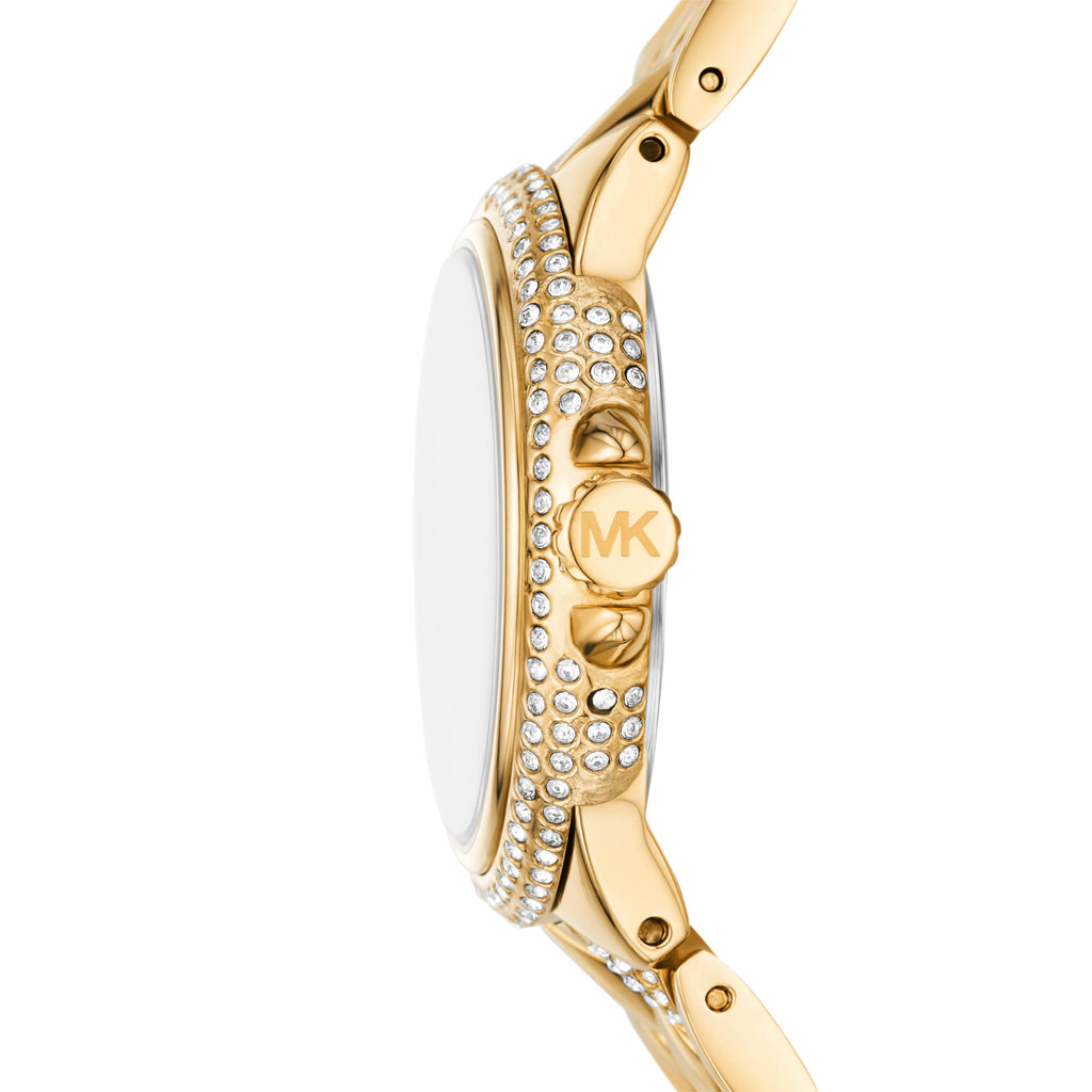 Michael Kors Mini Camille MK4801 side profile displaying case thickness and pavé crystal bezel