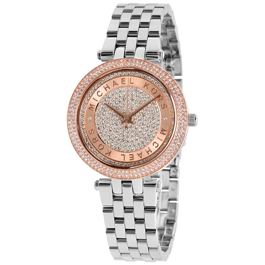 Michael Kors Mini Darci women's watch with rose gold crystal pave dial and silver bracelet