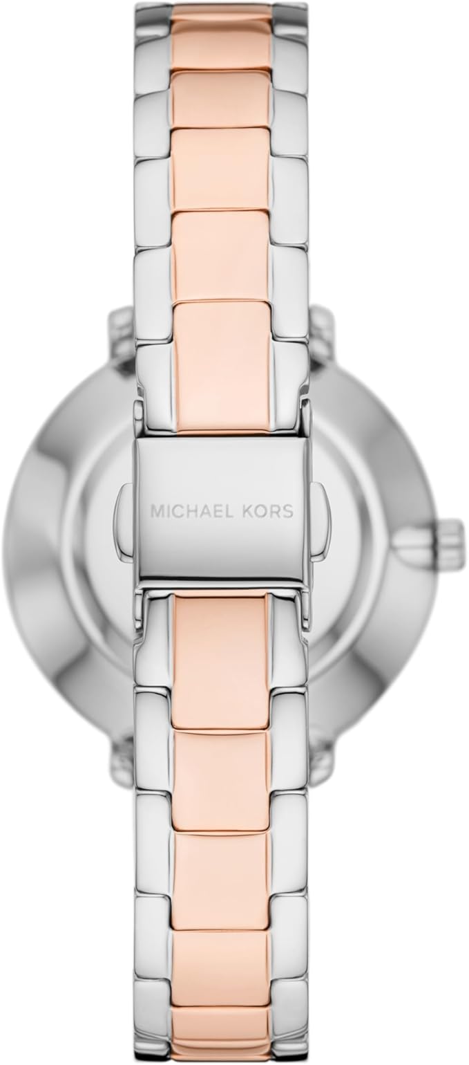 Caseback view of Michael Kors Mini Pyper watch showing silver stainless steel case and two-tone bracelet