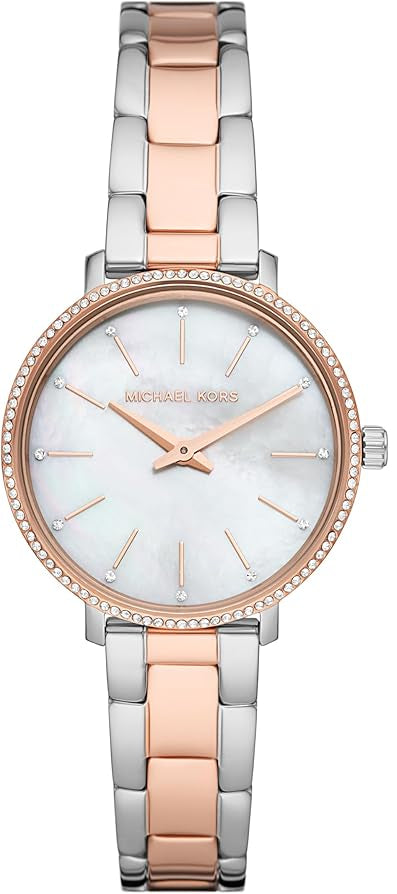 Michael Kors Mini Pyper two-hand watch with silver and rose gold stainless steel bracelet and crystal bezel