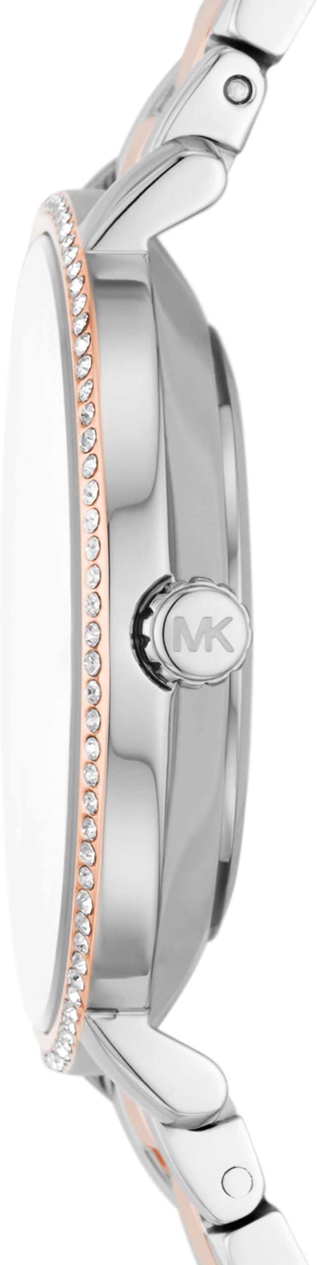 Side profile of Michael Kors Mini Pyper watch with crystal-set bezel and mixed metal bracelet