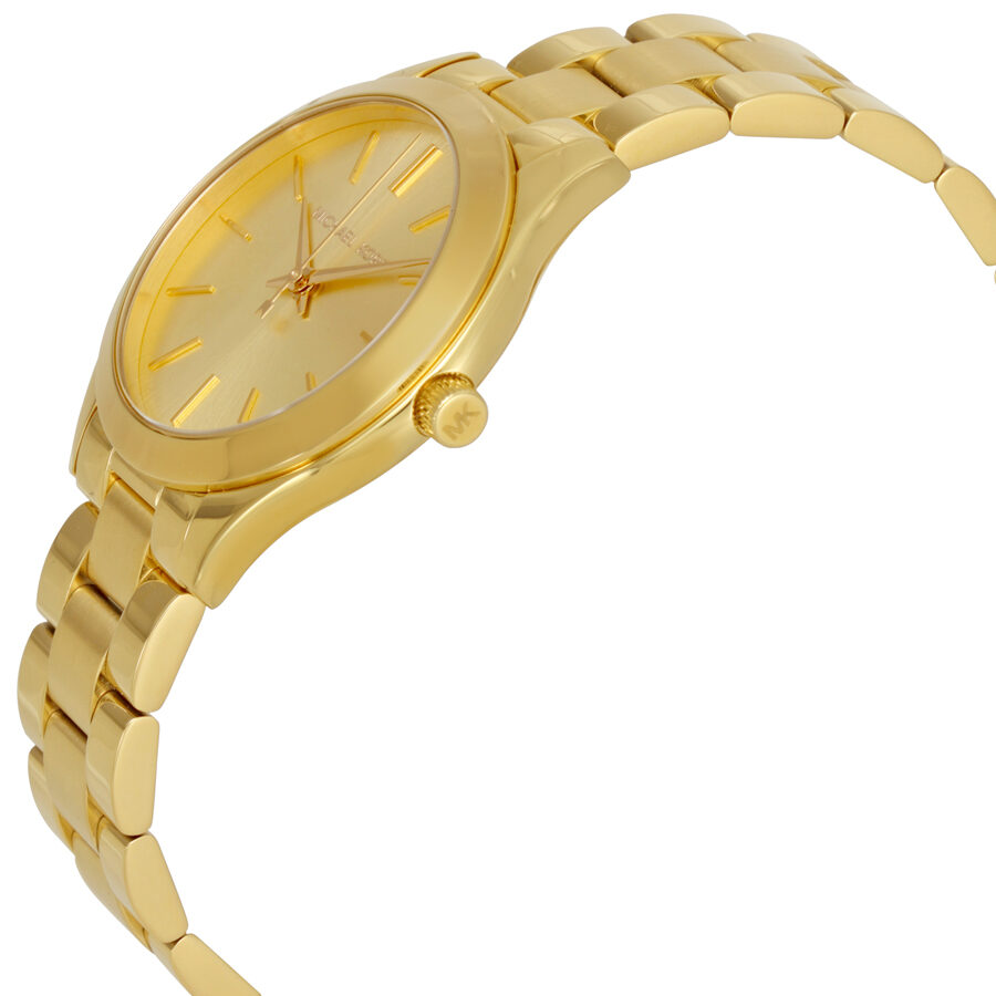 Michael Kors Mini Slim Runway watch at angle showing gold bracelet and side profile