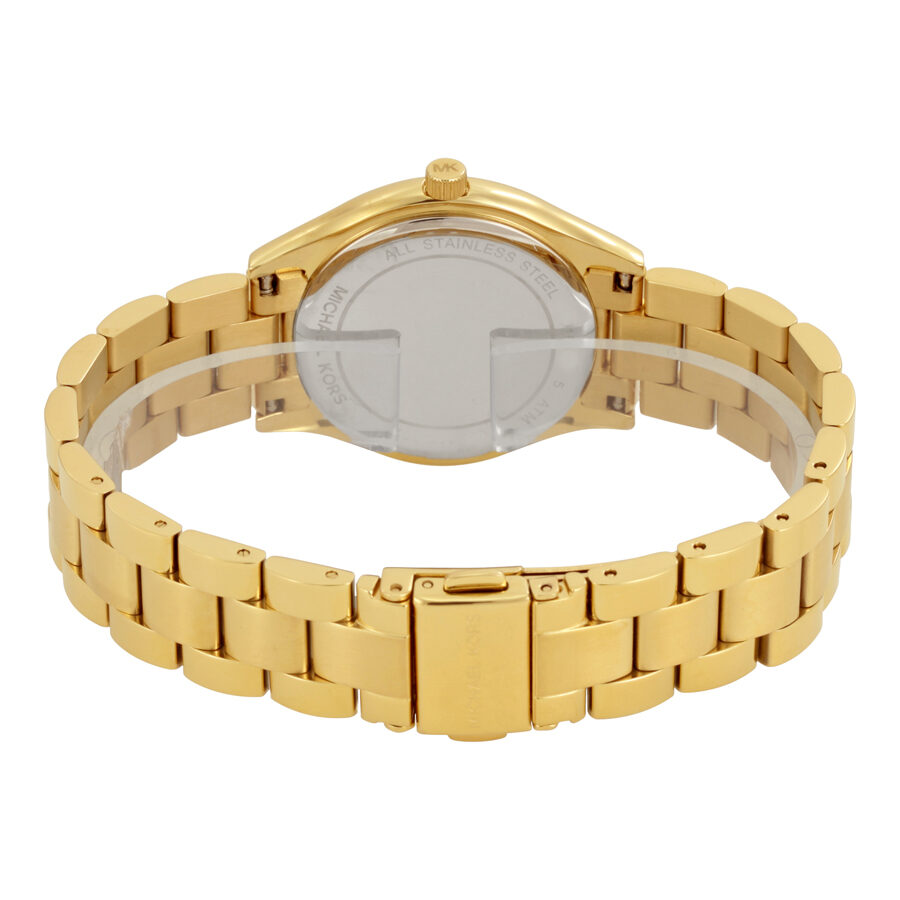 Michael Kors Mini Slim Runway watch caseback view showing gold link bracelet