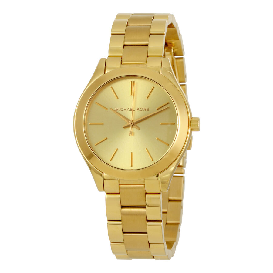 Michael Kors Mini Slim Runway gold women's watch with round dial and gold link bracelet