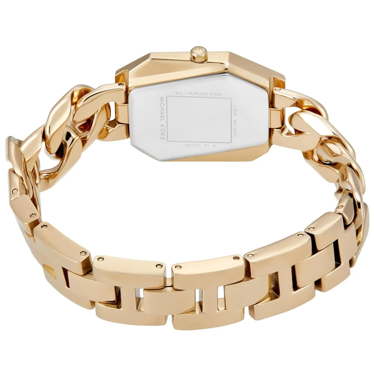 Michael Kors Mini Suri watch caseback showing gold-tone hexagonal case design