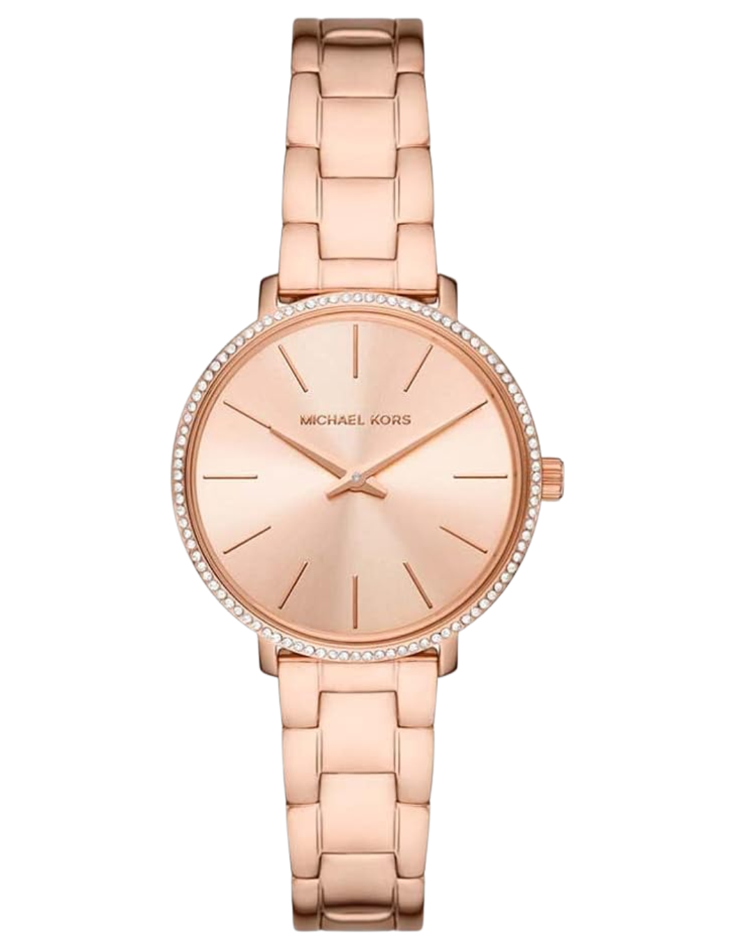 Michael Kors MK1040 Pyper rose gold watch with crystal bezel and metal bracelet