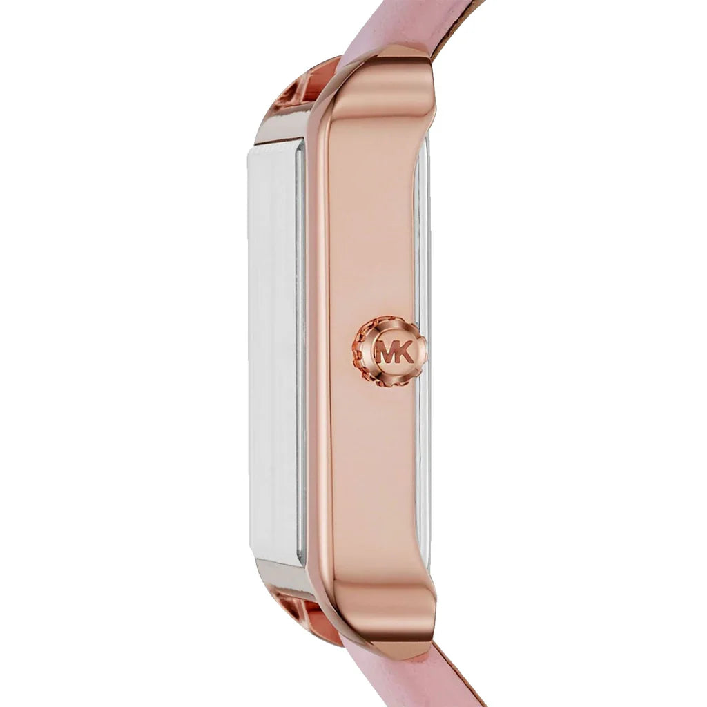 Michael Kors Lake Pavé watch side view showing rose gold case with MK logo and pink leather strap