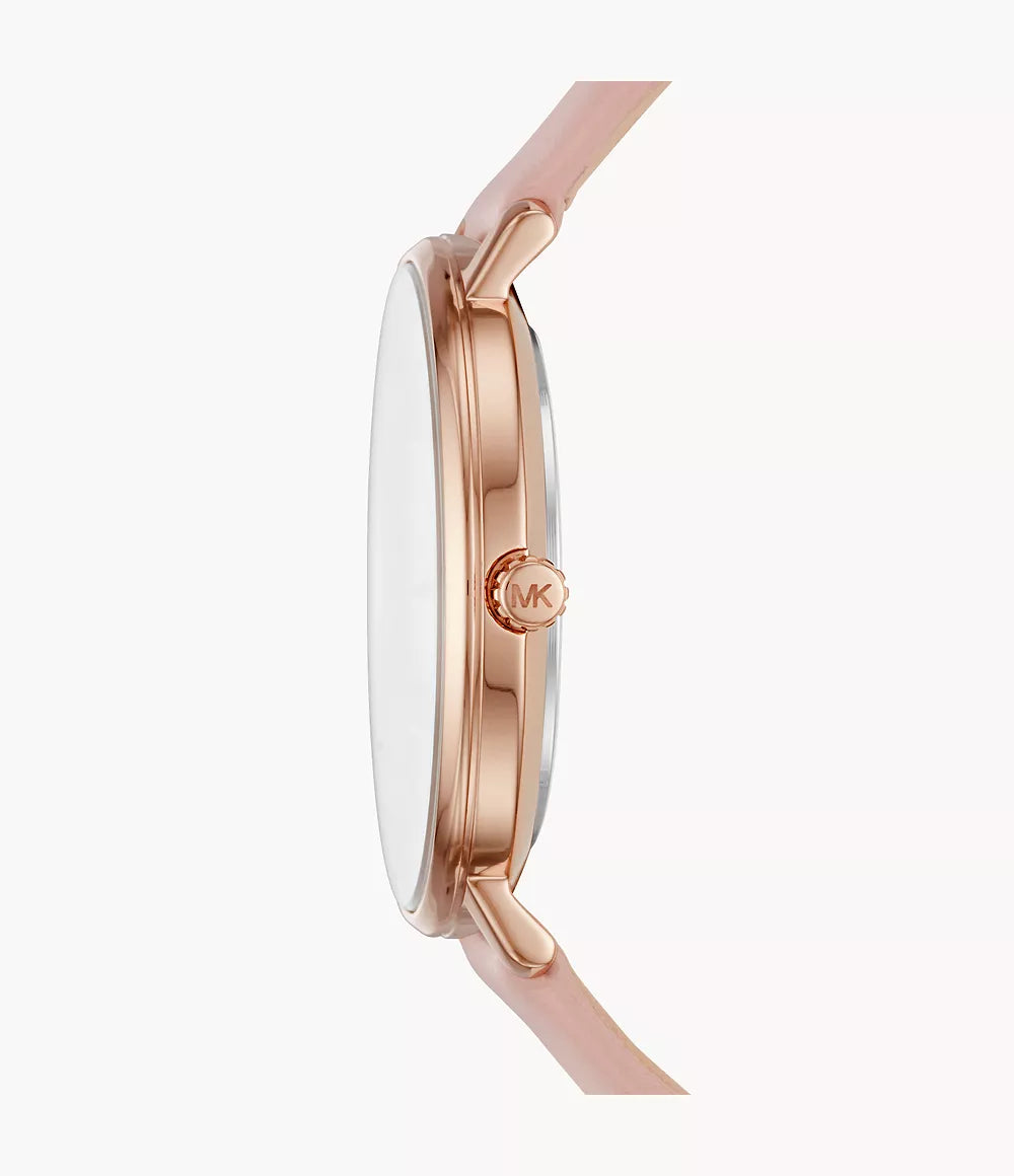 Michael Kors MK2741 watch side profile showing rose gold case thickness and pink strap