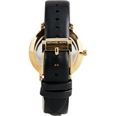 Back view of MK2747 Pyper watch showing case back and black leather strap attachment