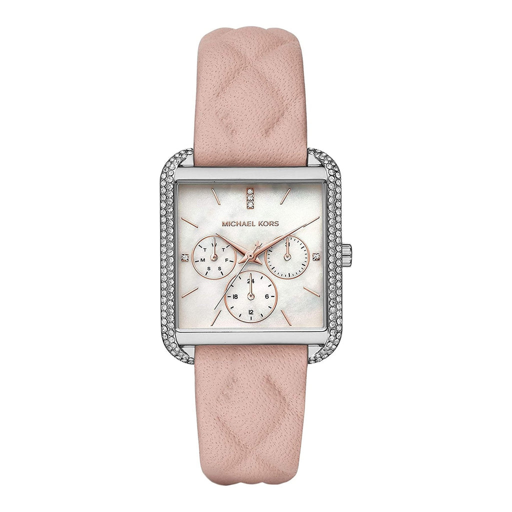 Michael Kors Drew women's watch with mother-of-pearl dial, crystal-bezel case, and pink leather strap