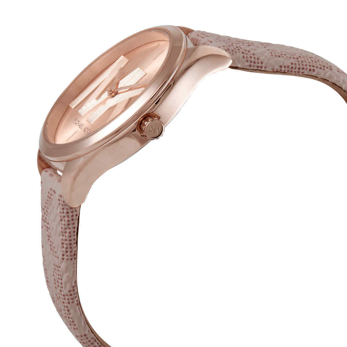 Side angle view of Michael Kors MK2879 watch showing rose gold case and patterned strap