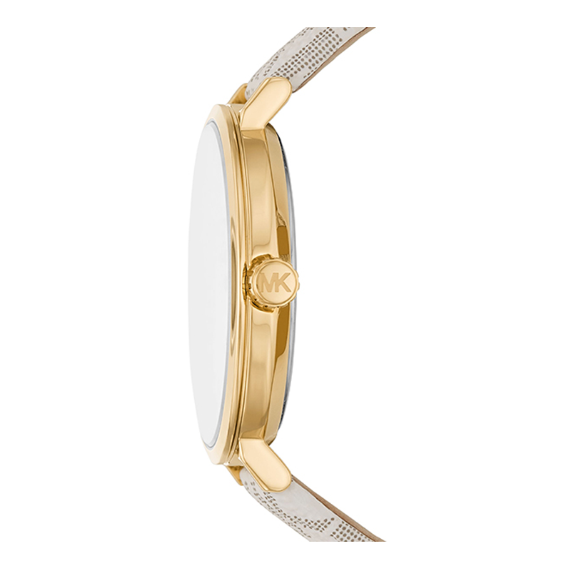 Side view of Michael Kors Addyson watch showing gold-tone case and leather strap