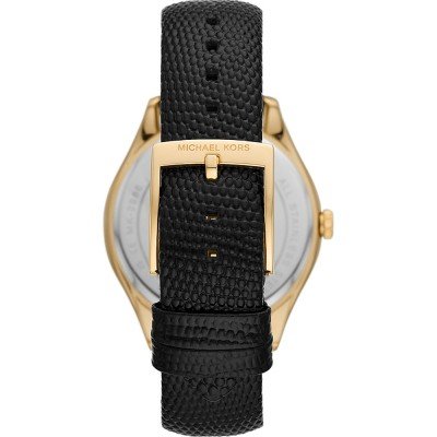 Michael Kors MK2988 Harlowe watch caseback showing gold-tone case and black strap
