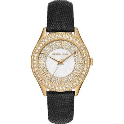 Michael Kors MK2988 Harlowe gold watch with crystal bezel and black strap