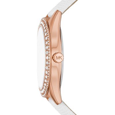 Michael Kors MK2989 Harlowe watch side profile with rose gold case and crystal-set bezel